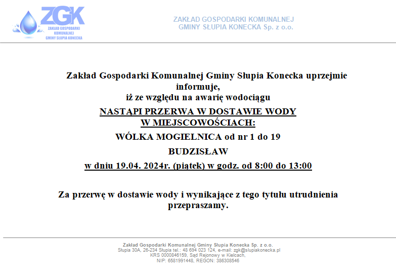 Uwaga przerwa w dostawie wody w miejscowości Wólka Mogielnica i Budzisław