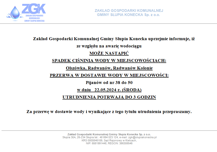 Uwaga utrudnienia w dostawie wody w miejscowościach Olszówka, Radwanów, Radwanów Kolonie oraz Pijanów od nr 38 do 50