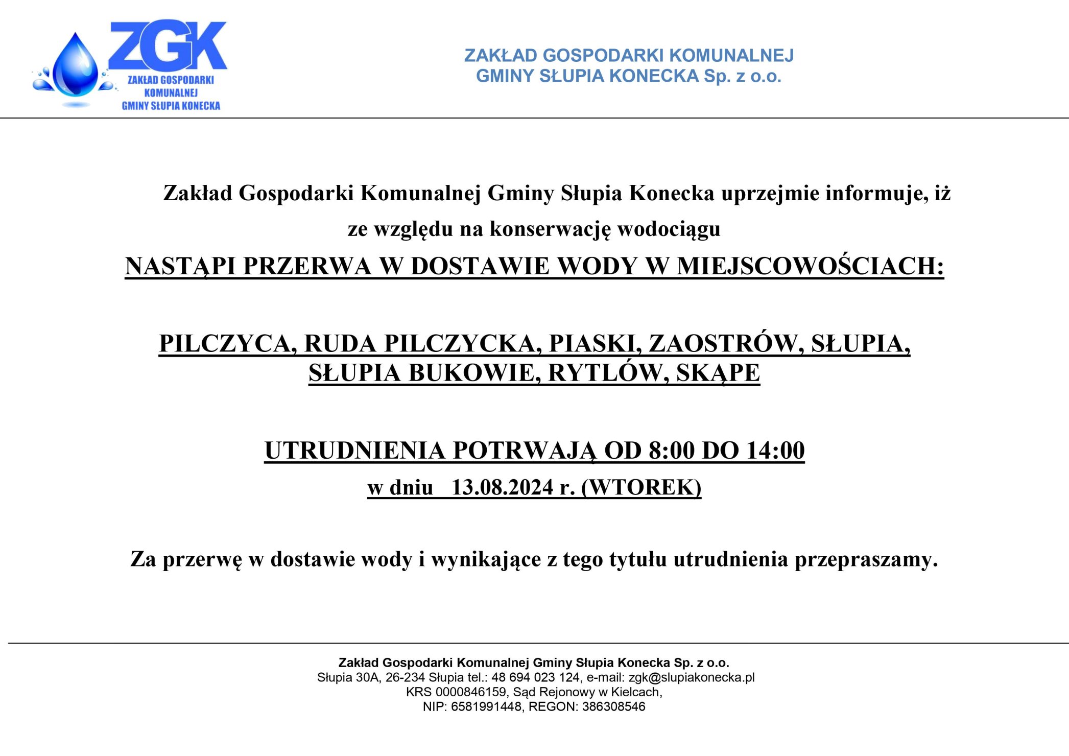 Uwaga przerwa w dostawie wody w miejscowości Pilczyca, Ruda Pilczycka, Zaostrów, Piaski, Słupia, Słupia Bukowie, Rytlów, Skąpe