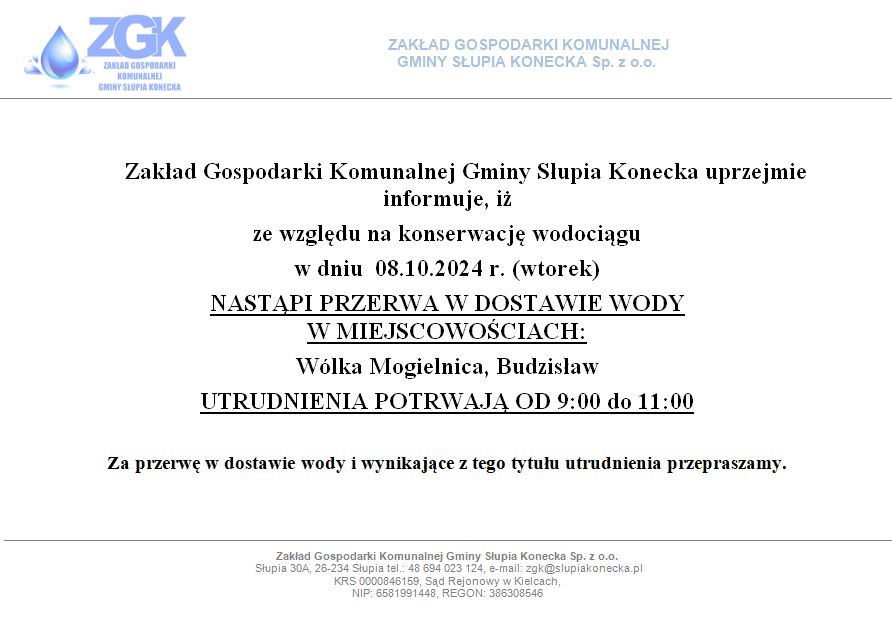 Uwaga przerwa w dostawie wody w miejscowościach Wólka Mogielnica i Budzisław