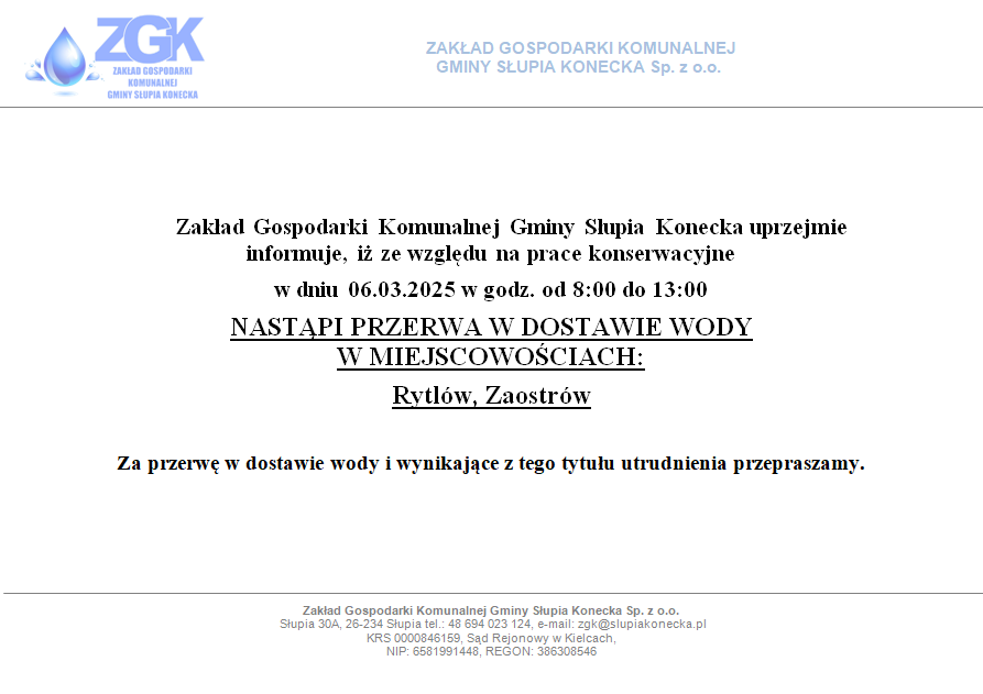 Uwaga przerwa w dostawie wody w miejscowościach: Rytlów, Zaostrów