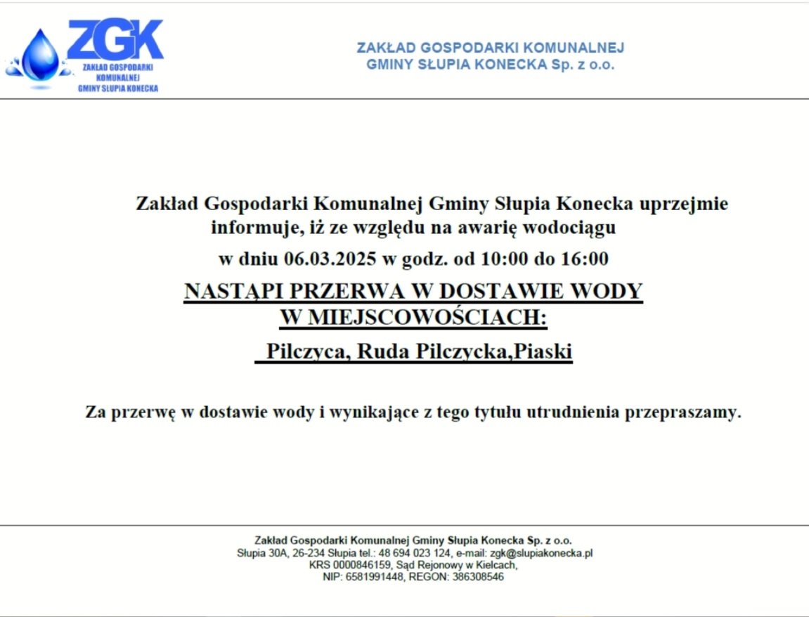 Uwaga przerwa w dostawie wody