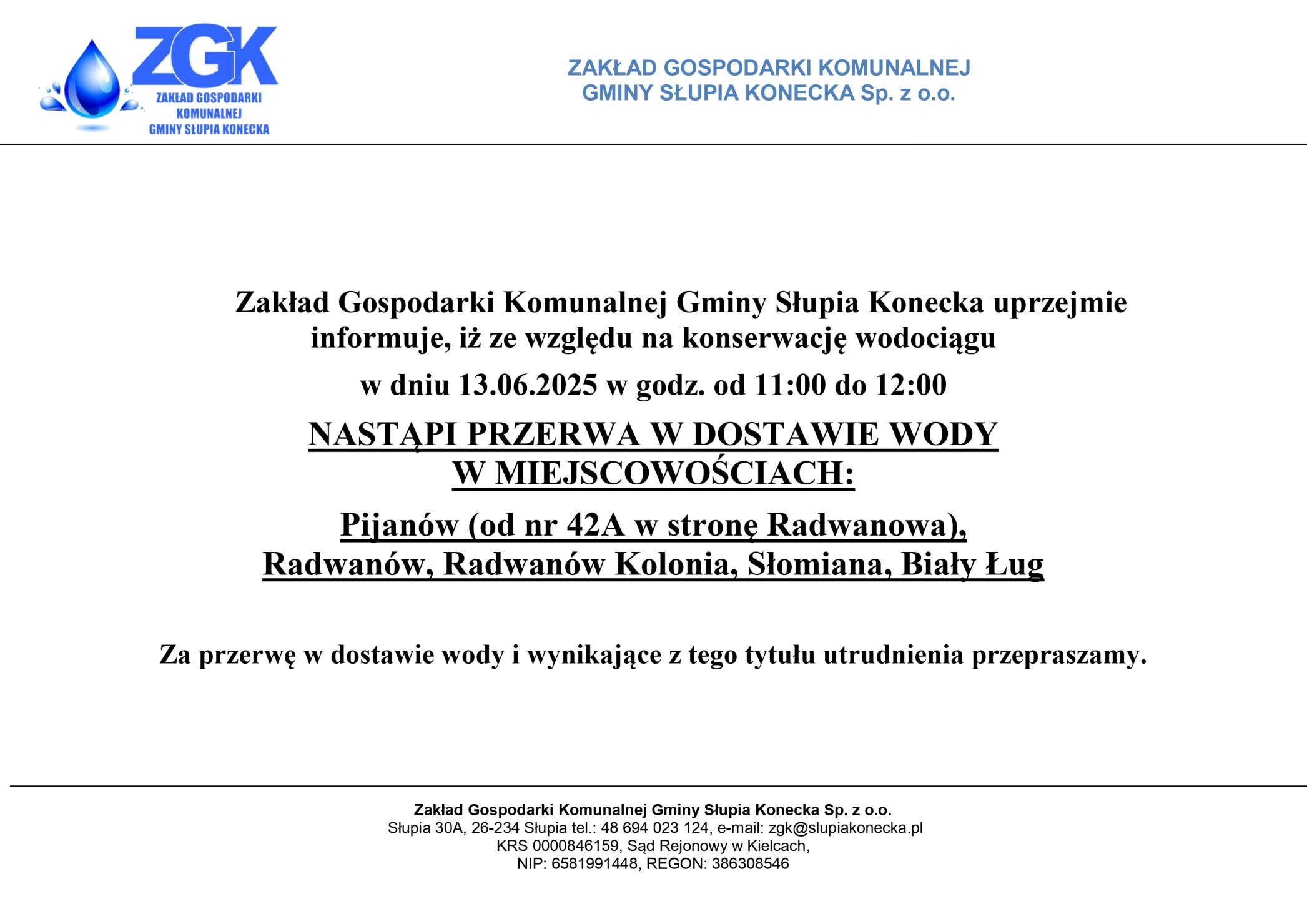 Uwaga przerwa w dostawie wody w miejscowościach Pijanów, Radwanów, Radwanów Kolonia, Słomiana, Biały Ług