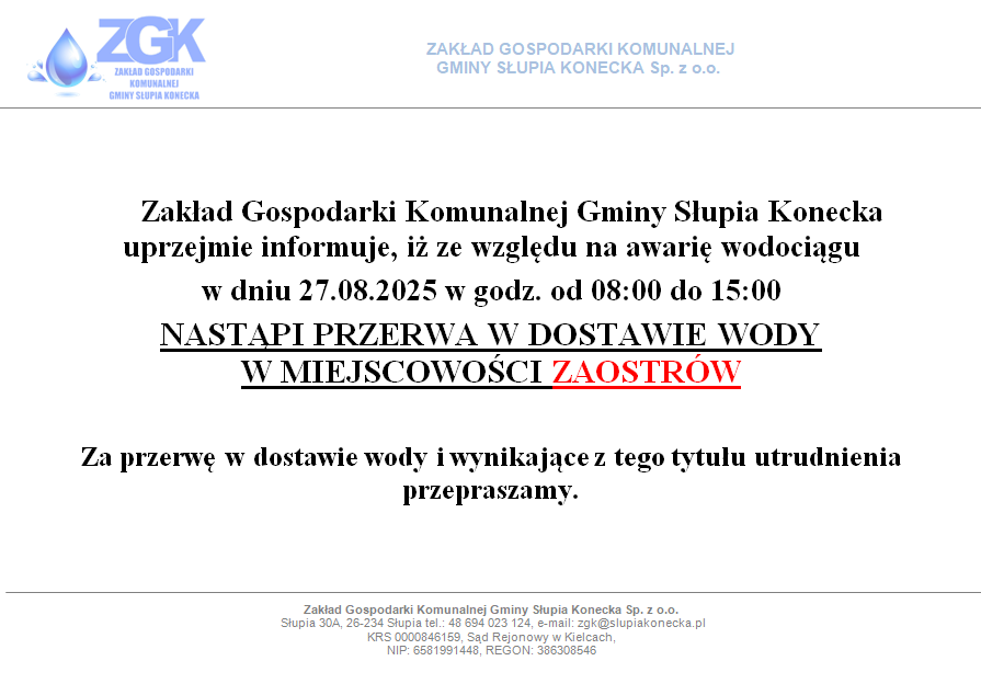 Uwaga przerwa w dostawie wody w miejscowości Zaostrów