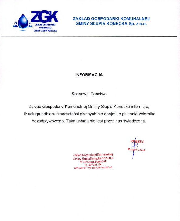 Informacja - płukanie zbiorników bezodpływowych