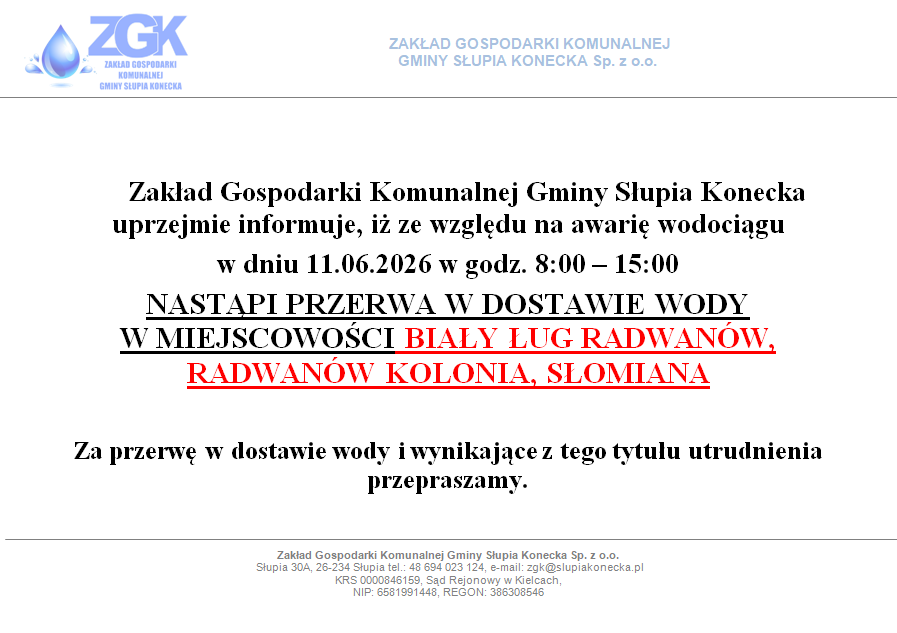 UWAGA PRZERWA W DOSTAWIE WODY W MIEJSCOWOŚCI BIAŁY ŁUG, RADWANÓW, RADWANÓW KOLONIA, SŁOMIANA