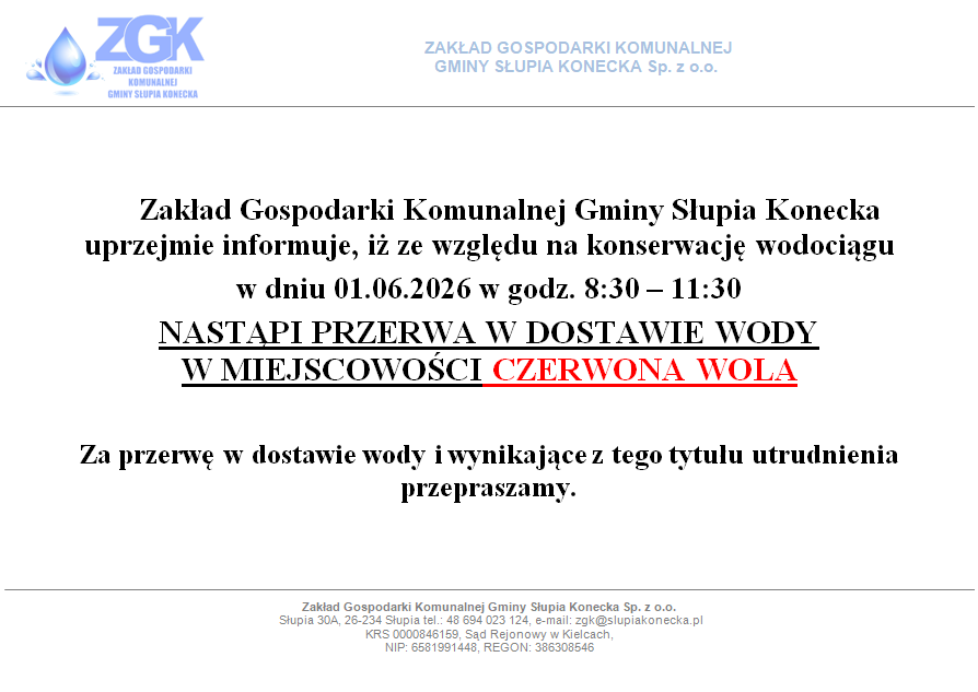 UWAGA PRZERWA W DOSTAWIE WODY W MIEJSCOWOŚCI CZERWONA WOLA